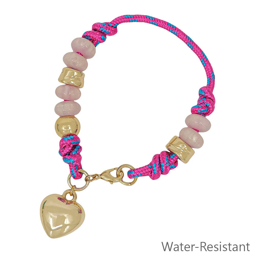 White Thread, Hot Pink Thread, or Black Thread with Natural Stone and Gold with Gold Puffy Heart Bracelet