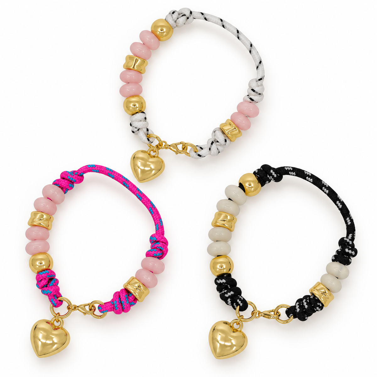 White Thread, Hot Pink Thread, or Black Thread with Natural Stone and Gold with Gold Puffy Heart Bracelet
