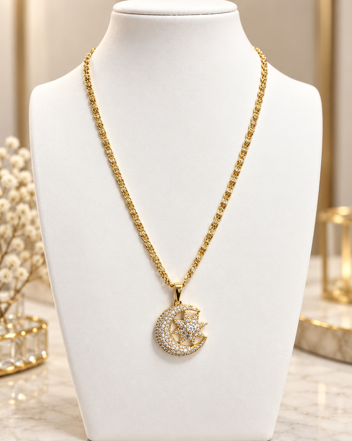 Crescent Moon & Star Necklace 14k Gold Plated 17”
