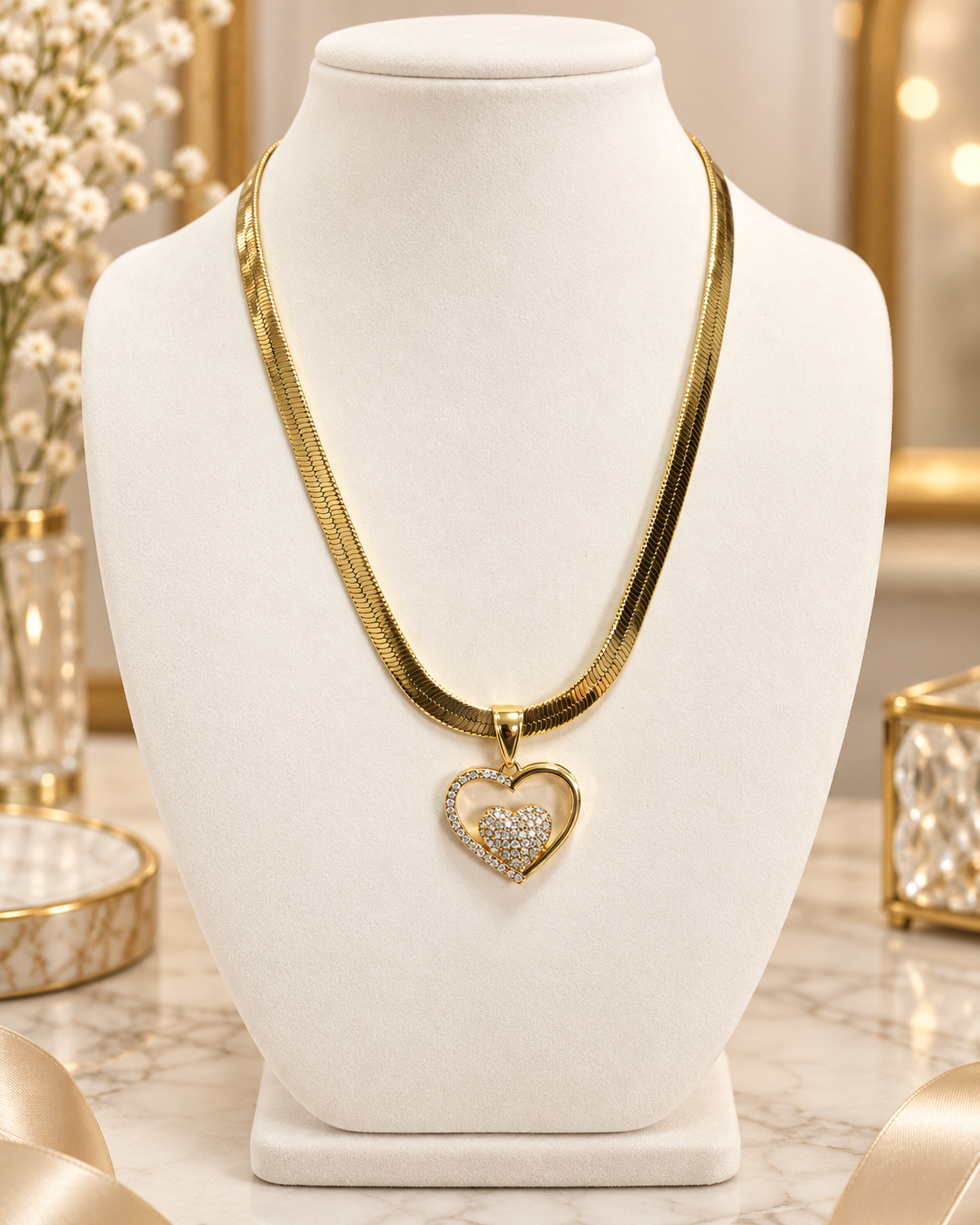 Sparkling Double Heart 5.6mm Herringbone Necklace 14k Gold Plated 16”