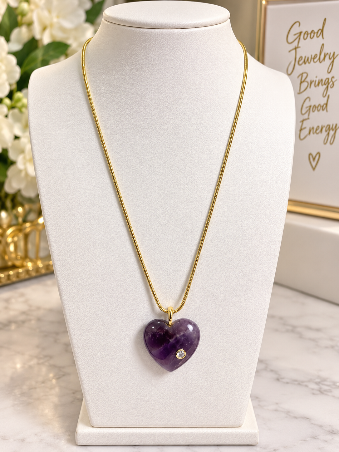 Amethyst Heart Pendant Necklace with CZ Accent 14k Gold Plated 20”