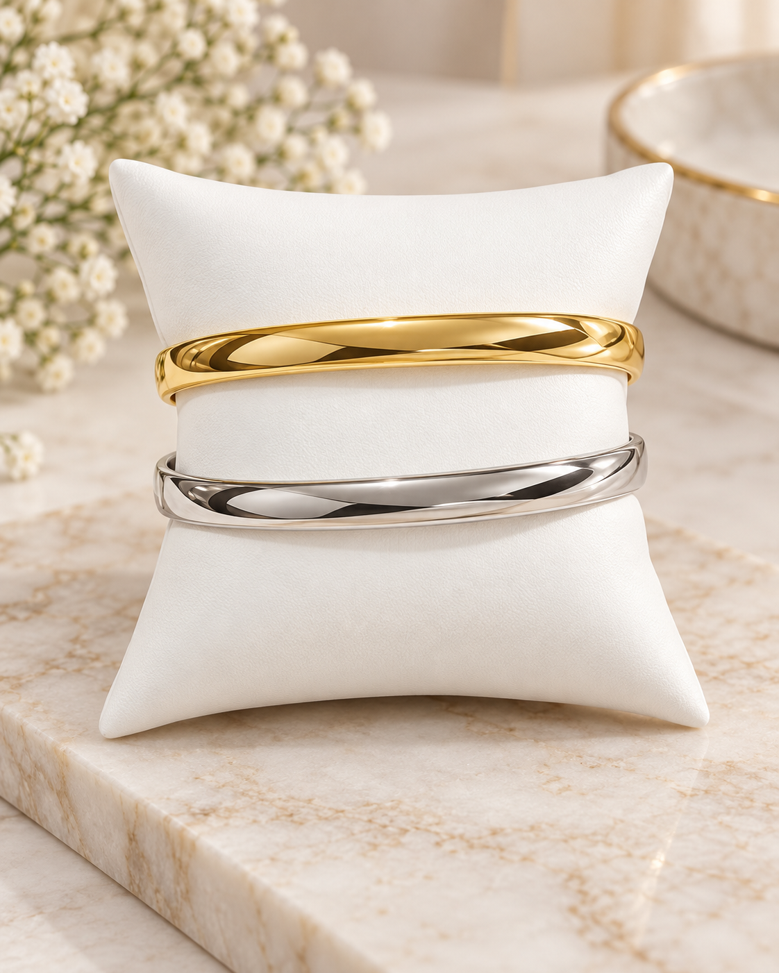 7.5” 6mm 14k Gold Plated Bangle Yellow / White