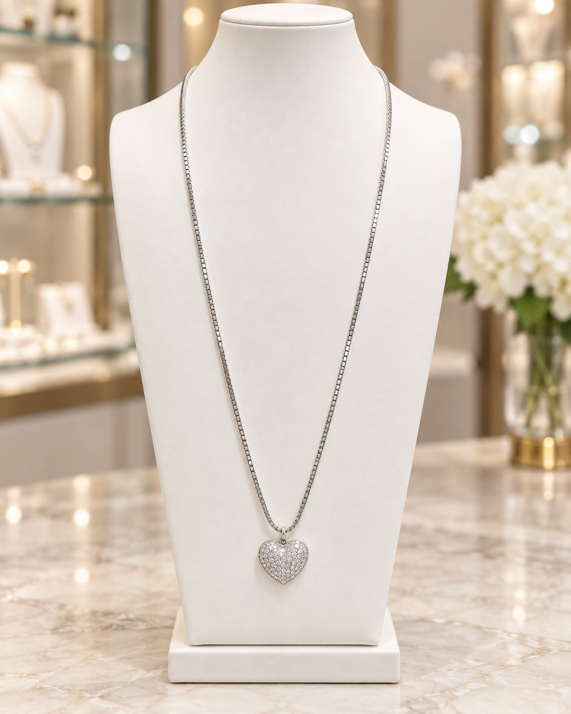 24” 14k Gild Plated White Gold Cz Heart Necklace