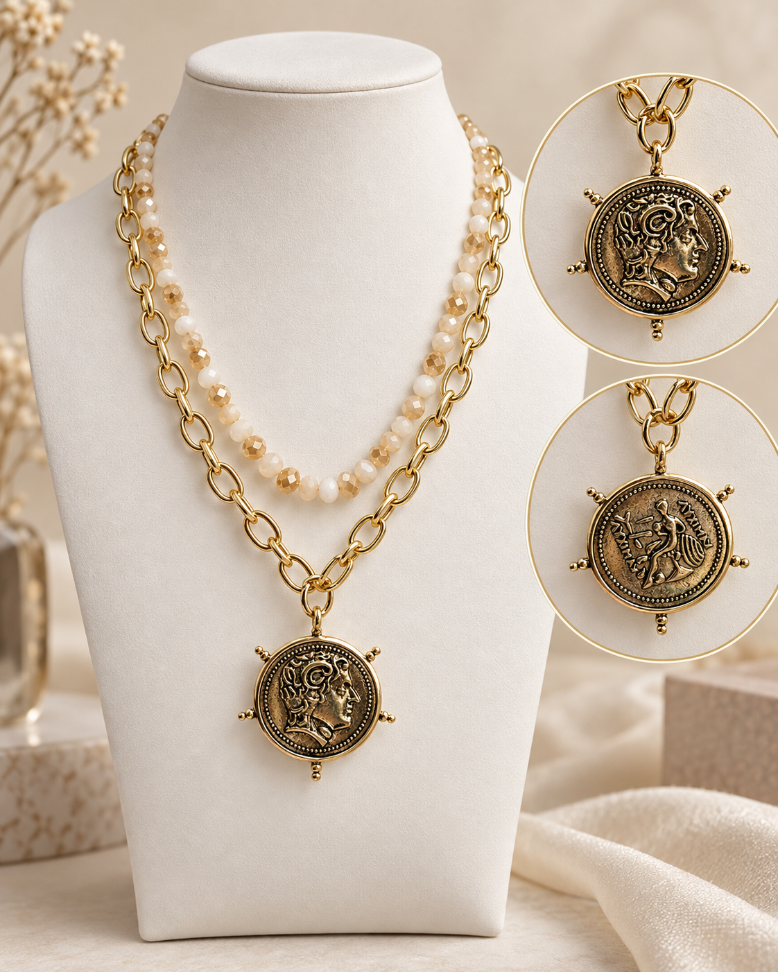 Reversible Ancient Coin-Inspired Two-Face Pendant Necklace