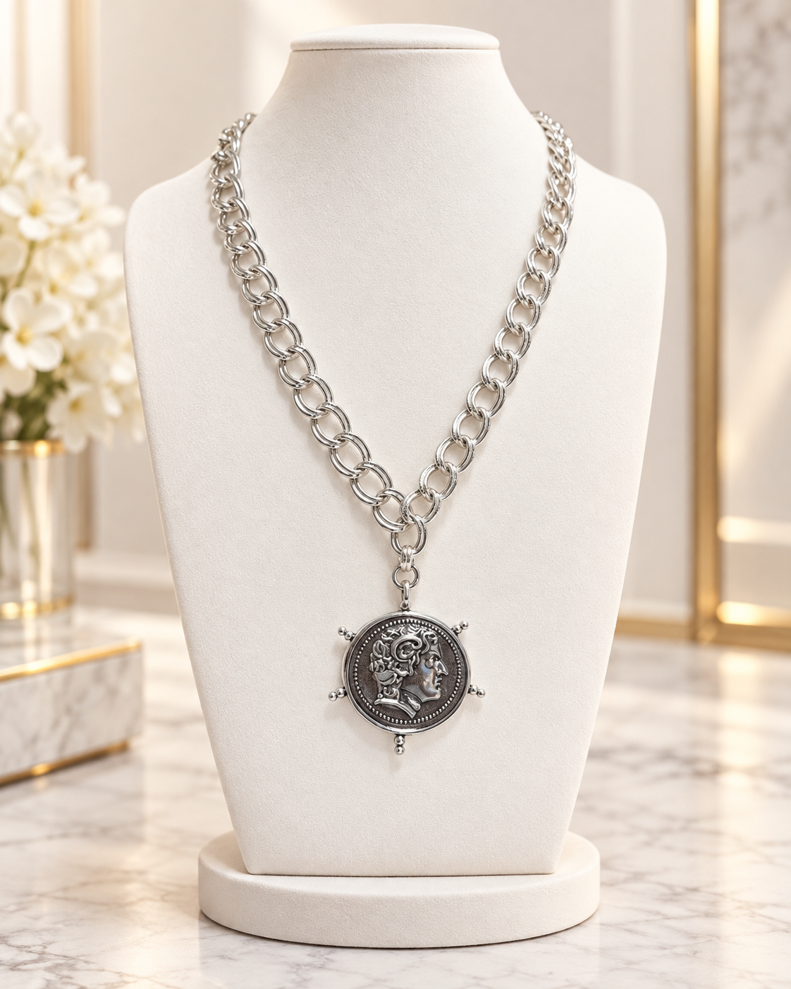 Antique Silver Double-Link Coin Medallion Necklace