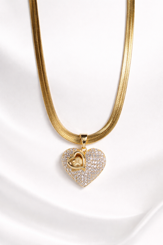 20” 14K Gold Plated XP Herringbone Chain Necklace | CZ Heart Pendant