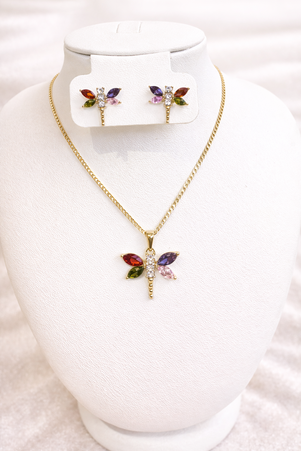 14K Gold Plated Multi-Color CZ Dragonfly Necklace & Earring Set