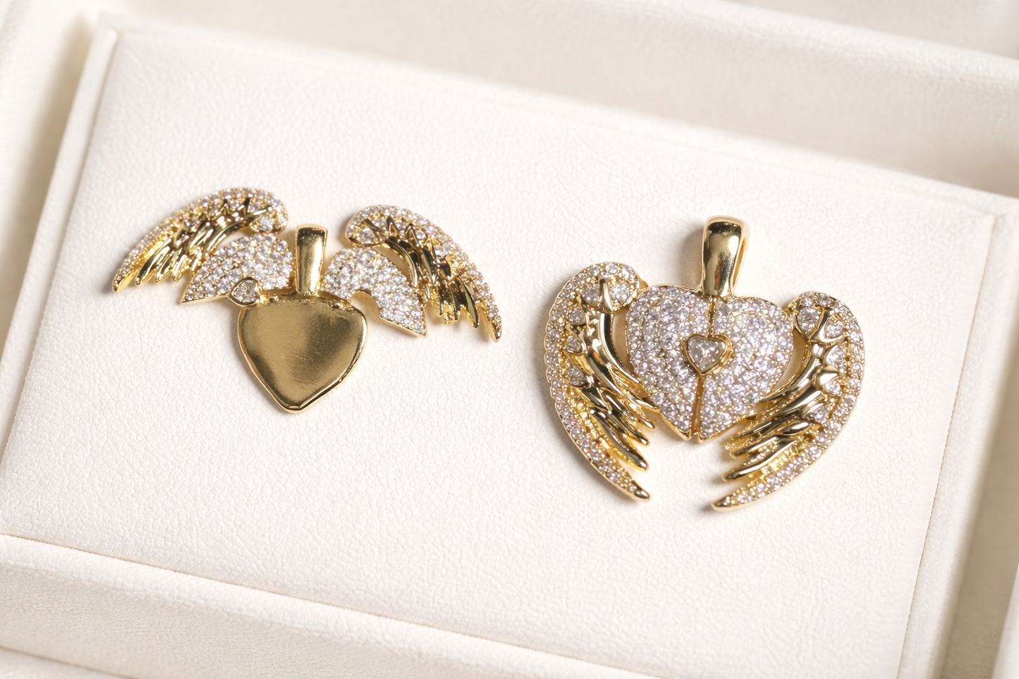 Open/Close Angel Wing CZ Heart Pendant-18” Snake Chain  – 14K Gold Plated