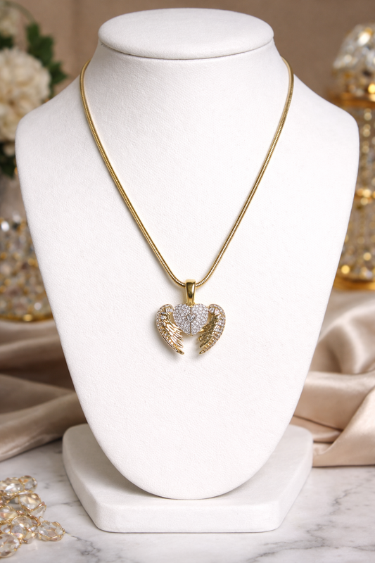 Open/Close Angel Wing CZ Heart Pendant-18” Snake Chain  – 14K Gold Plated