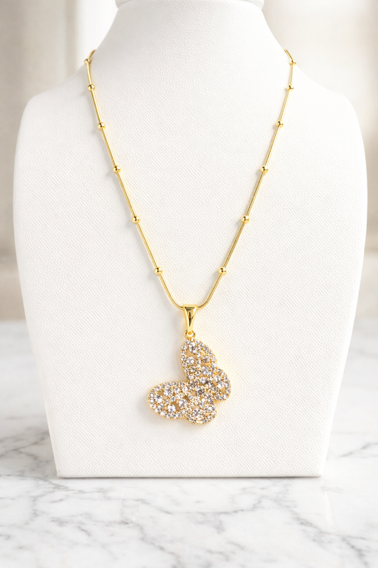 🦋 14K Gold Plated Cz Butterfly with 18” Snake Chain w/ Balls