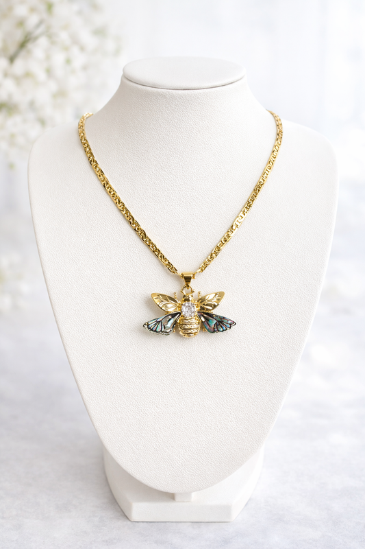14K Gold Plated Bee Pendant Necklace with Iridescent Wings