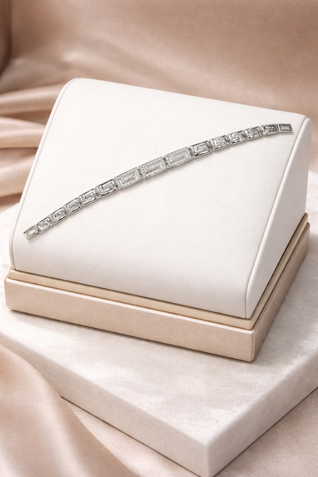 7.5” 14K White or Yellow Gold plated Greek Key CZ Link Bracelet – Luxury Statement Design