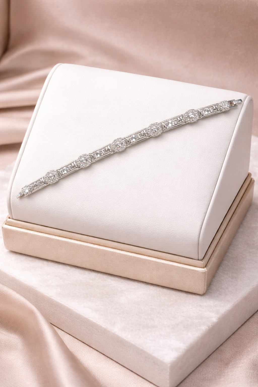 7 3/4” 14k White Gold Plated Greek Key & Halo CZ Bracelet – Luxury Link Design