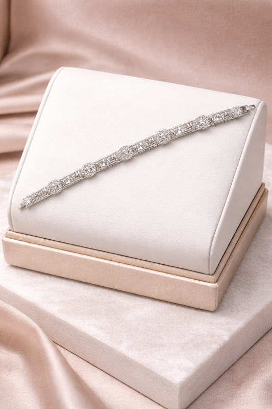 7 3/4” 14k White Gold Plated Greek Key & Halo CZ Bracelet – Luxury Link Design