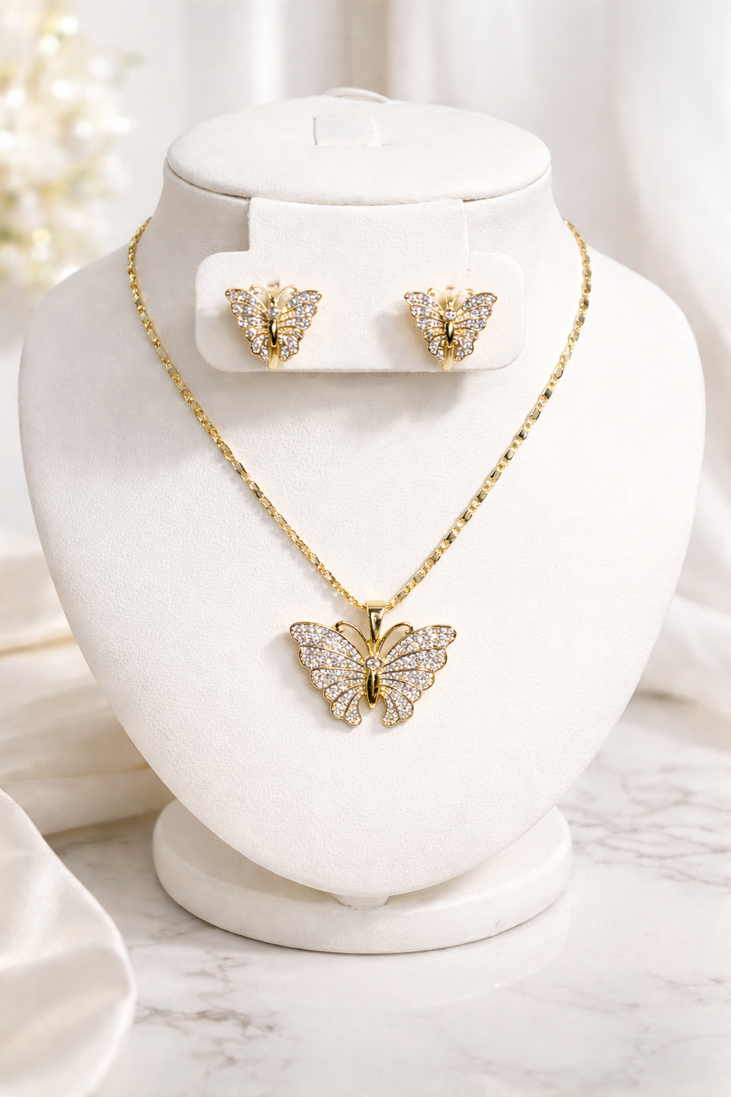 XP Gold Plated CZ Butterfly Necklace & Earring Set – 2PC Matching Set