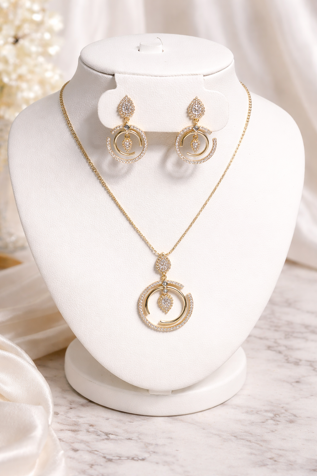XP Gold Plated 18” CZ Circle Drop Necklace & Earring Set – 2PC Elegant Statement Set