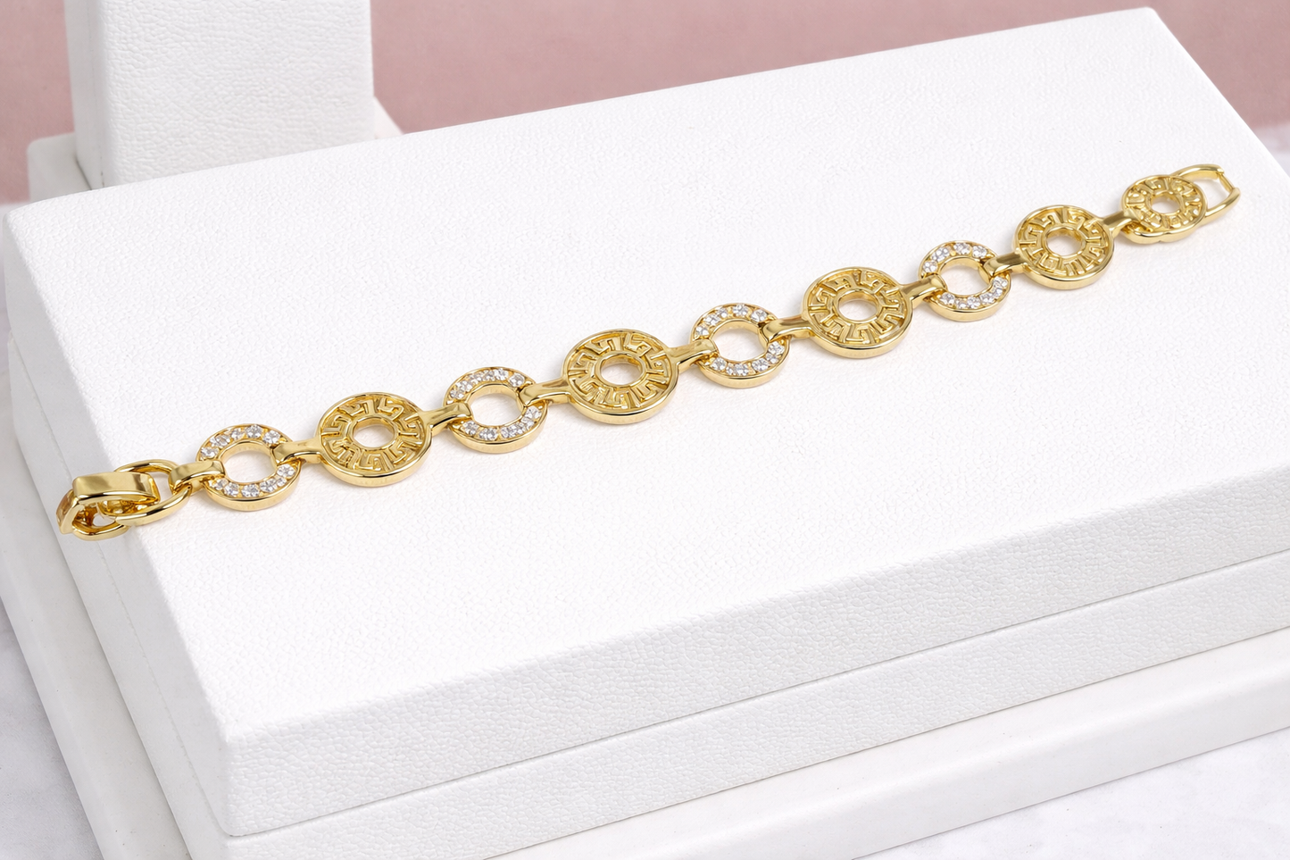 8” 14K Gold Plated Greek Key Medallion CZ Link Bracelet