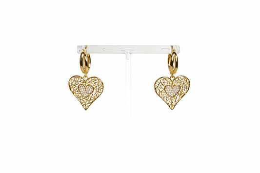 Gold Filigree Heart Dangle Earrings