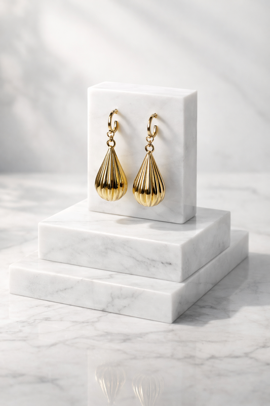 Gold PlatedRibbed Teardrop Drop Earrings