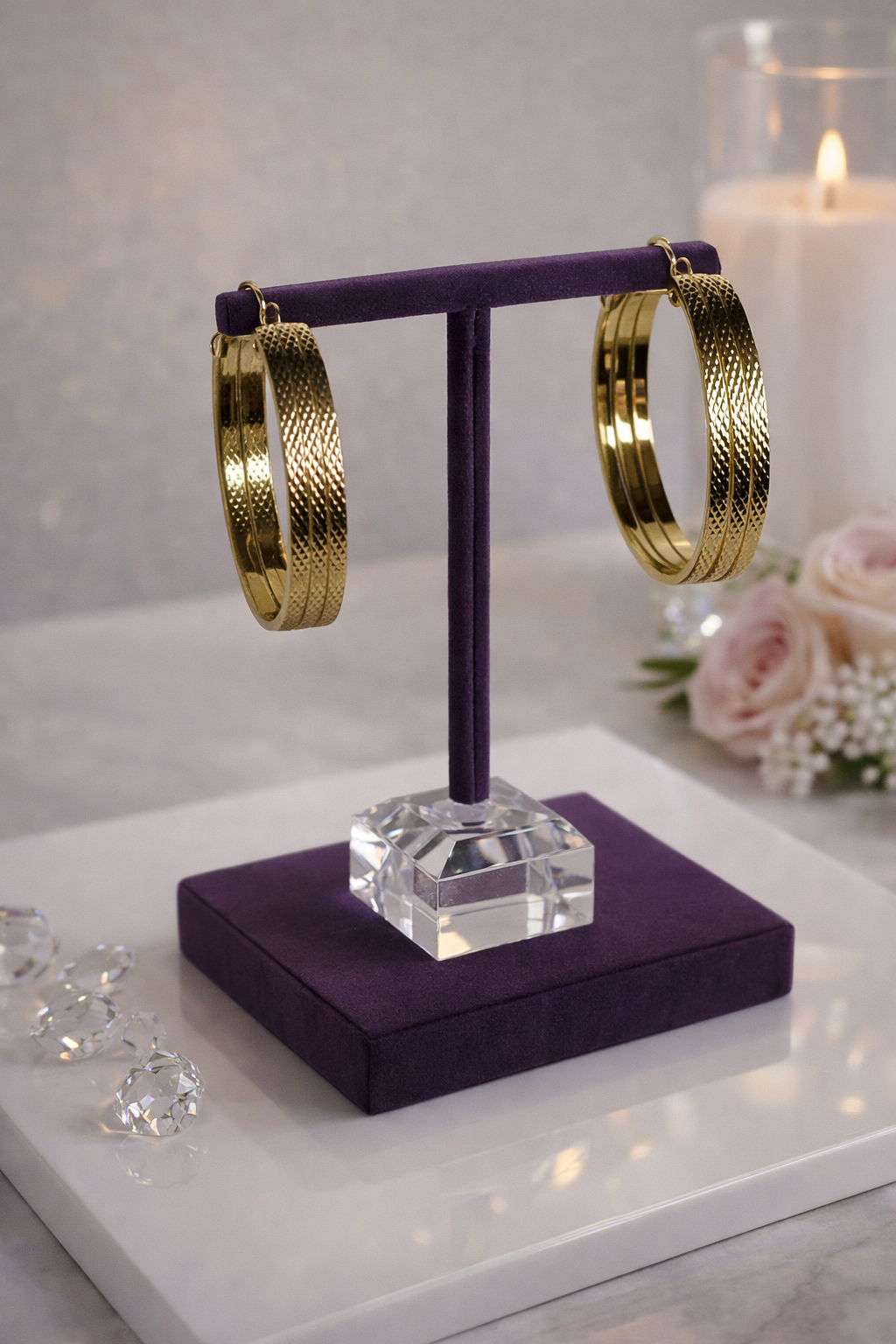 1.65” Large Textured Gold Hoop Earrings – Diamond Cut Finish Statement Hoops