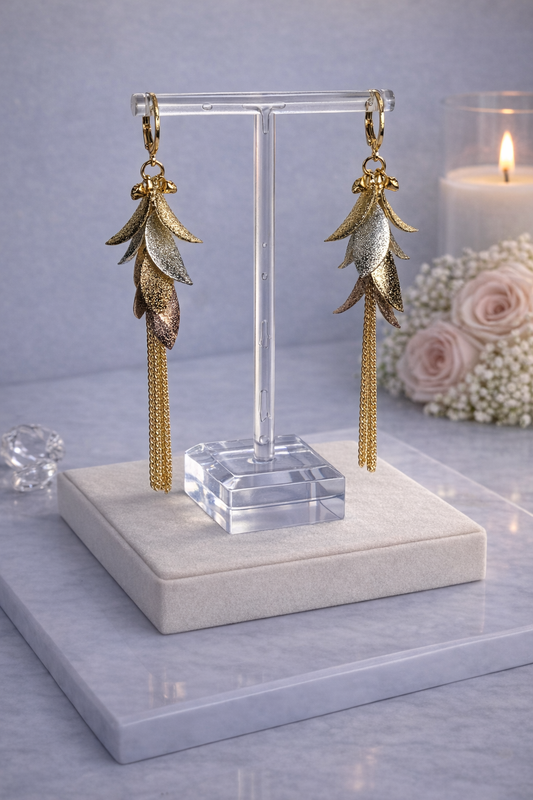Layered Leaf Tassel Drop Earrings – Gold Tone Statement Dangles