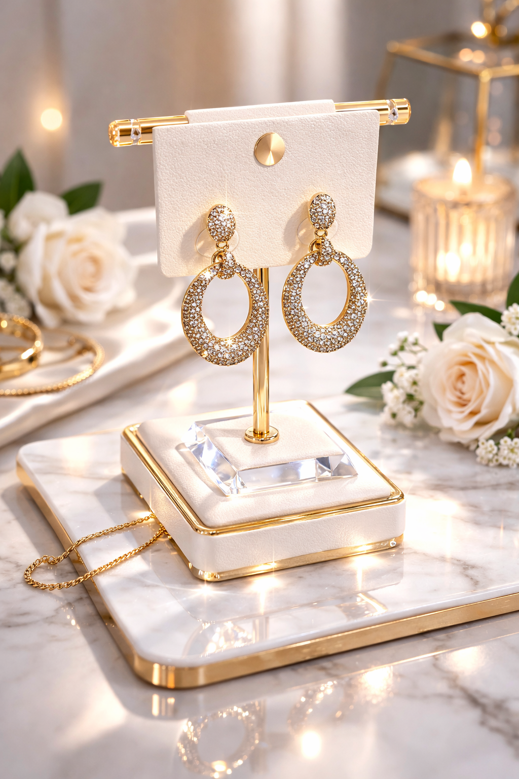 Gold Plated Pave Oval Drop Earrings – Glam Statement Dangles
