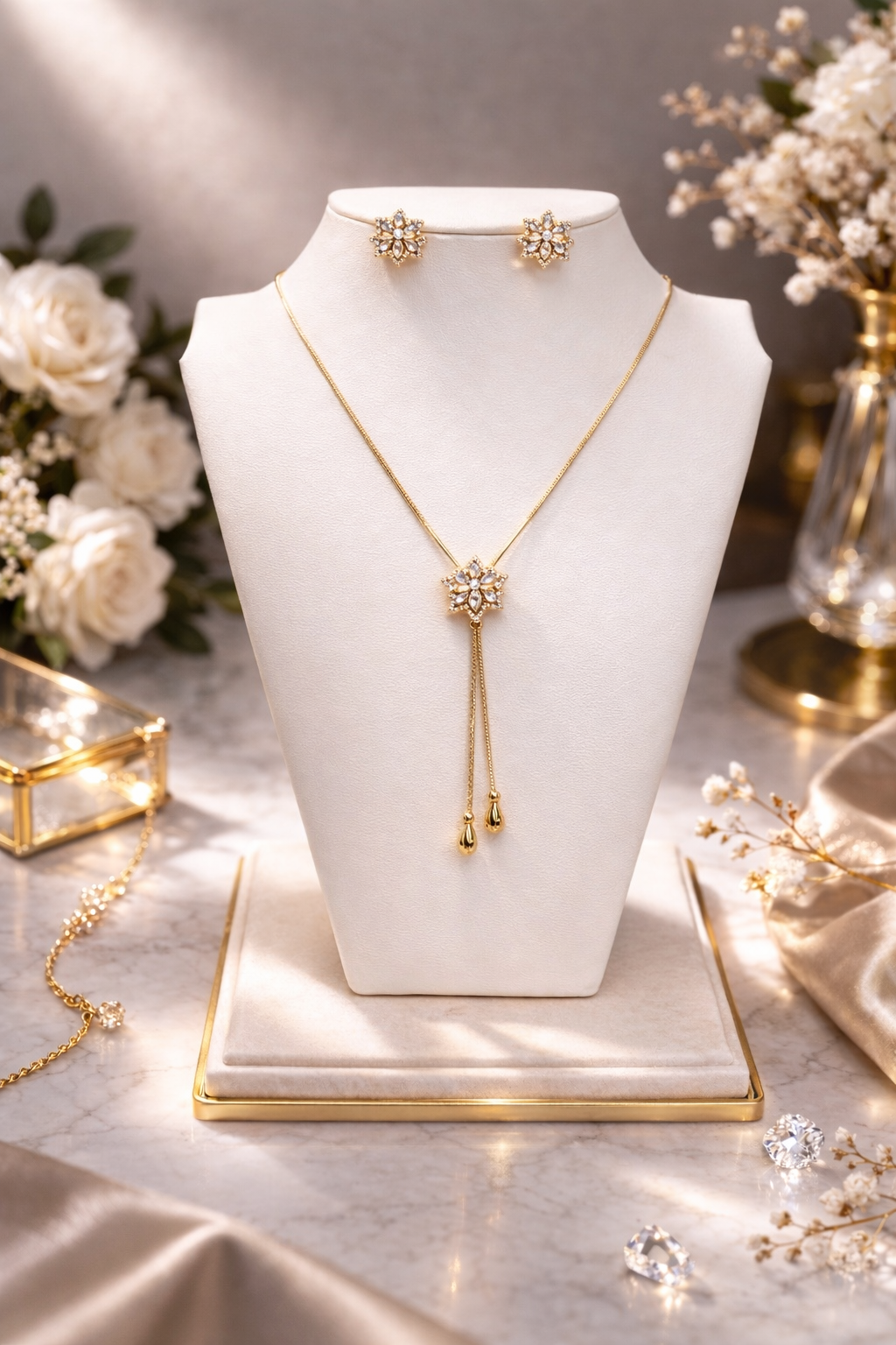 Crystal Starburst Pendant Necklace & Stud Earring Set – Gold Tone