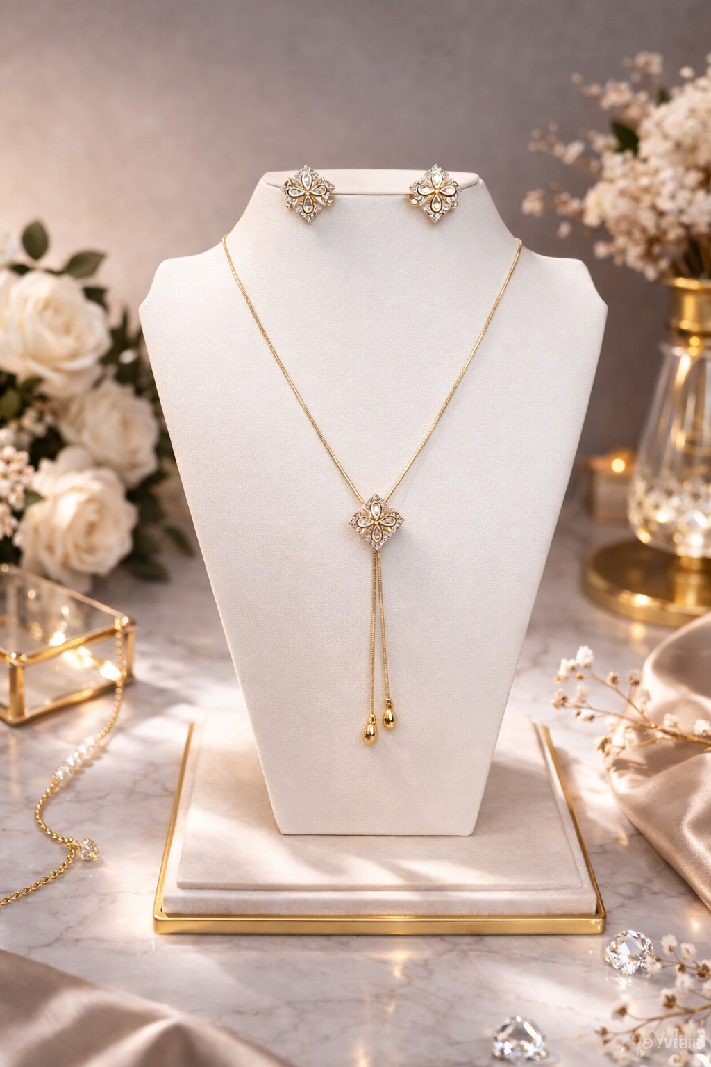 14K Gold Plated XP 4Prin-Floral Lariat Necklace & Stud Earring Set