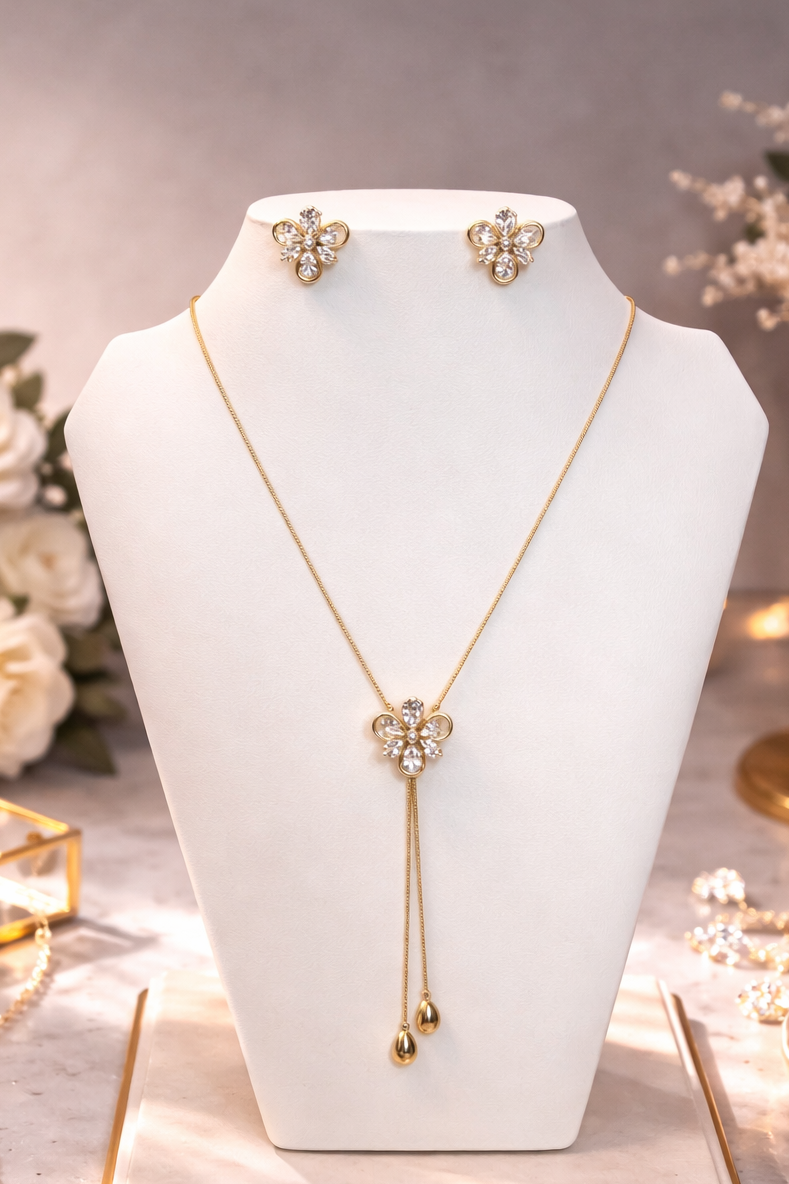 Elegant Clover Bloom Lariat Jewelry Set – Gold Plated XP