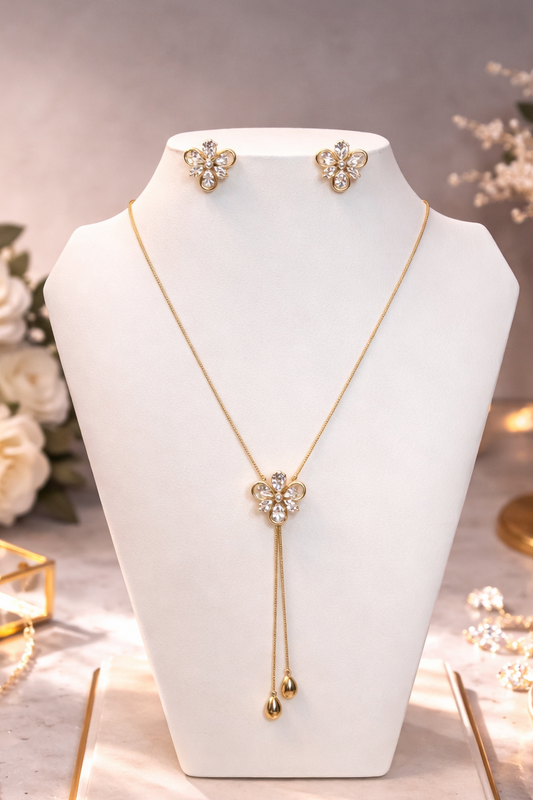 Elegant Clover Bloom Lariat Jewelry Set – Gold Plated XP