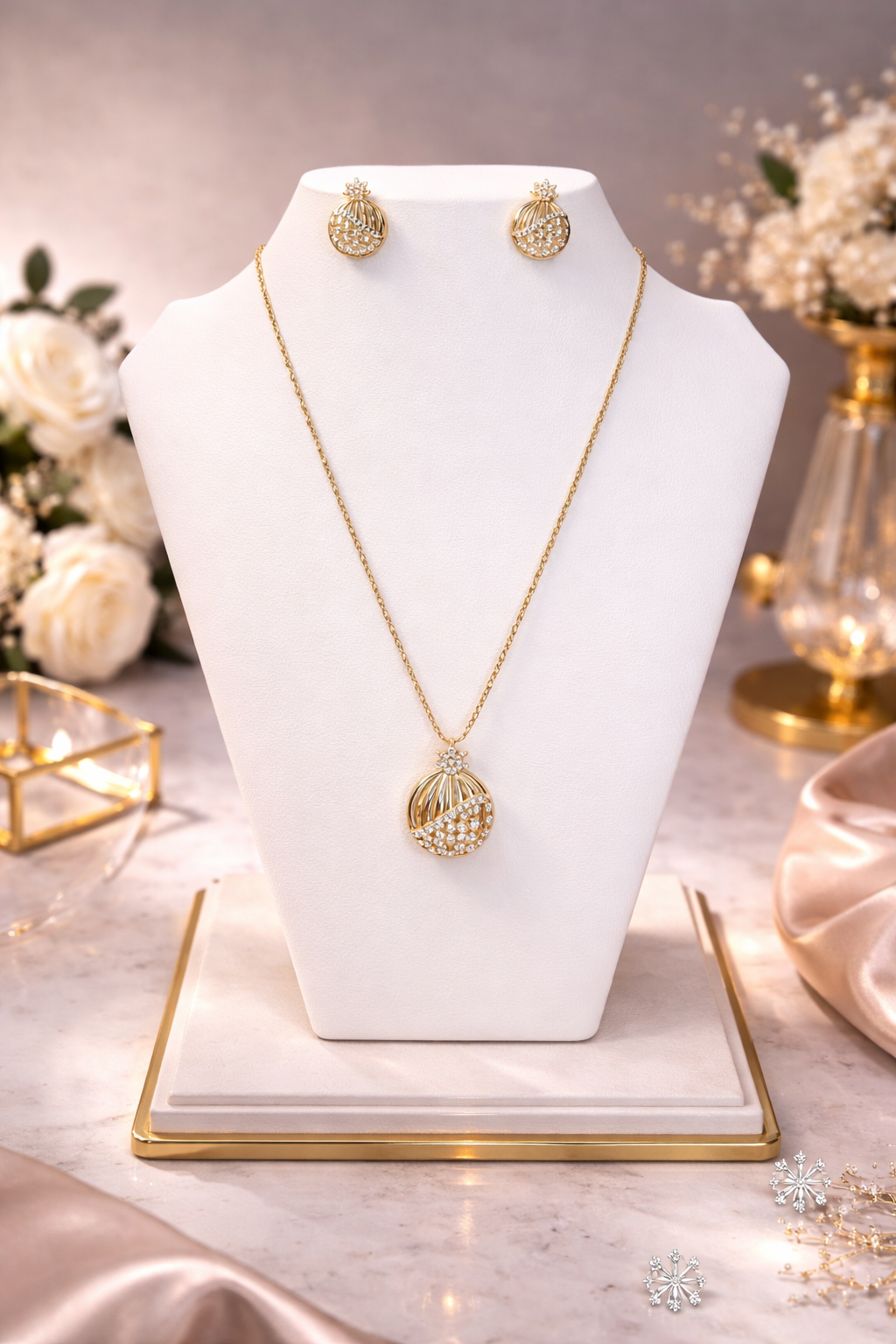 14K Gold Plated XP Crystal Dome Pendant Necklace & Stud Earring Set