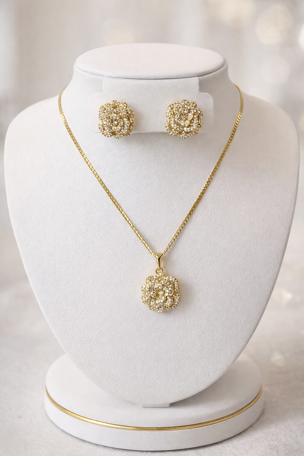 Gold Rose CZ Pendant Necklace & Stud Earrings Set – Gold Plated