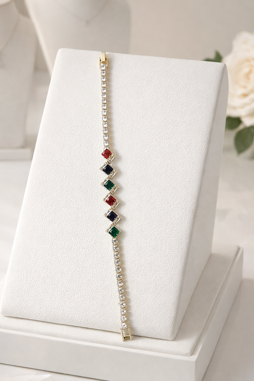 7” Multicolor Princess Cut Crystal Tennis Bracelet – Gold Tone