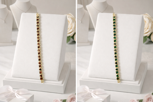 7 3/4” Heart Colored Cz Tennis Bracelet in Copper Red or Emerald
