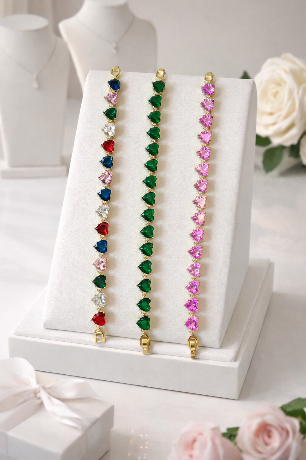 7 1/4” Heart Tennis Bracelet 3 options Multi/Emerald or Pink