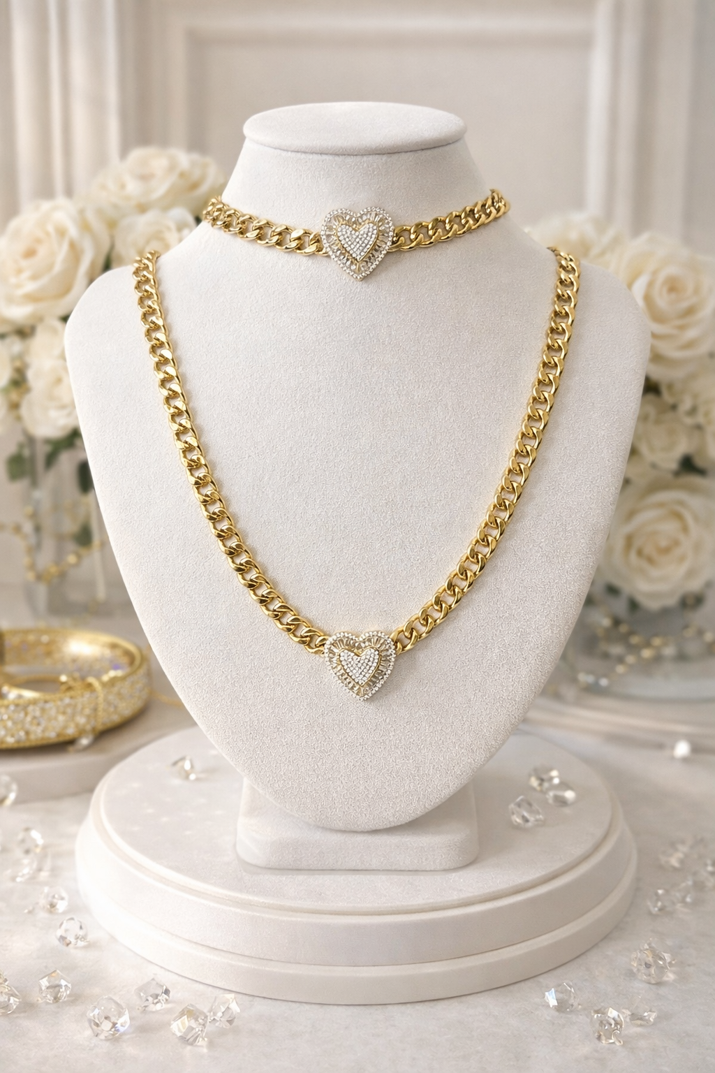 Classy Bella Vita CZ Heart 18k Gold Plated Cuban Link Necklace/ Bracelet Set