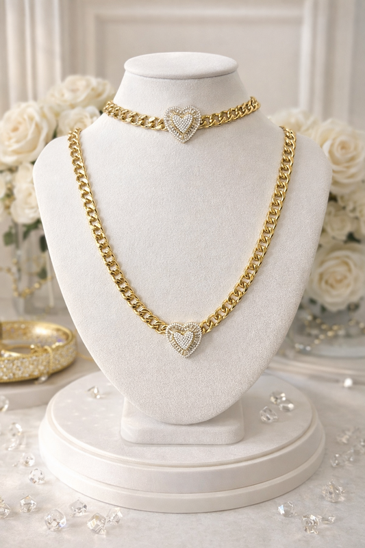 Classy Bella Vita CZ Heart 18k Gold Plated Cuban Link Necklace/ Bracelet Set