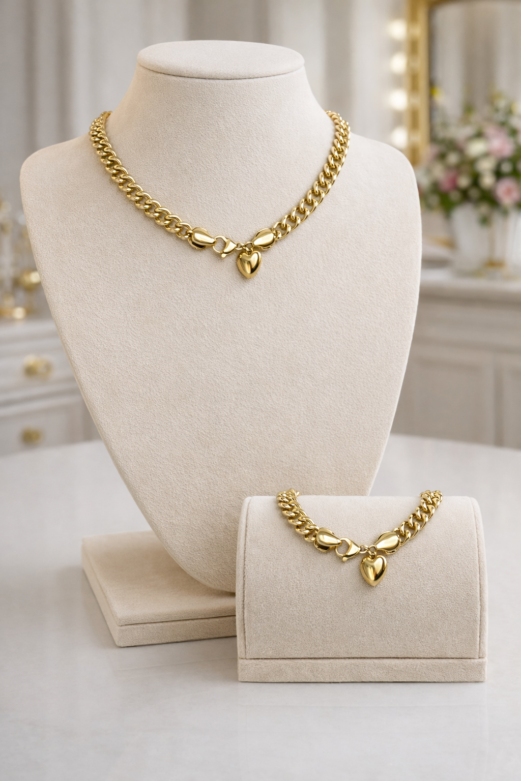 Dolce Heart Chain Set 18” Curb Link Necklace 7.5” Curb Link Bracelet