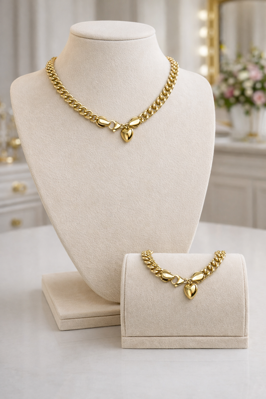 Dolce Heart Chain Set 18” Curb Link Necklace 7.5” Curb Link Bracelet