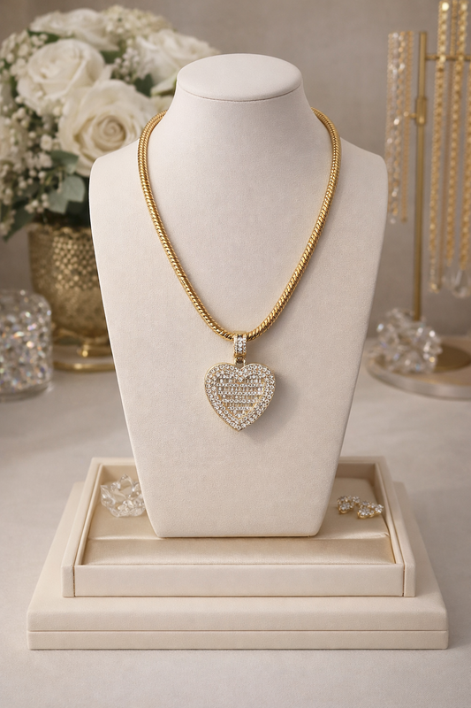 Majestic Cz Heart Necklace 18” Bold Snake Chain