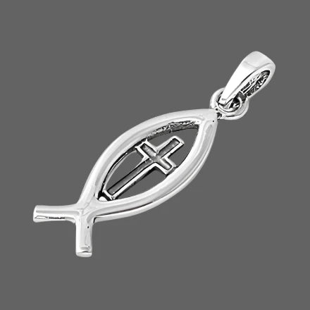 .925 Sterling Silver Christian Ichthus Fish High Polish Cross-Pendant-Charm