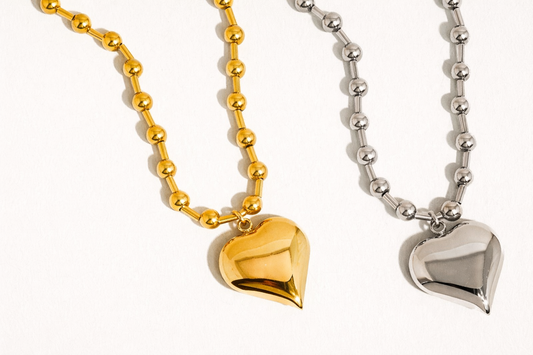 Paris 18K Gold Non-Tarnish Large Heart Chain Necklace: Yellow Gold or Silver / Ball Chain