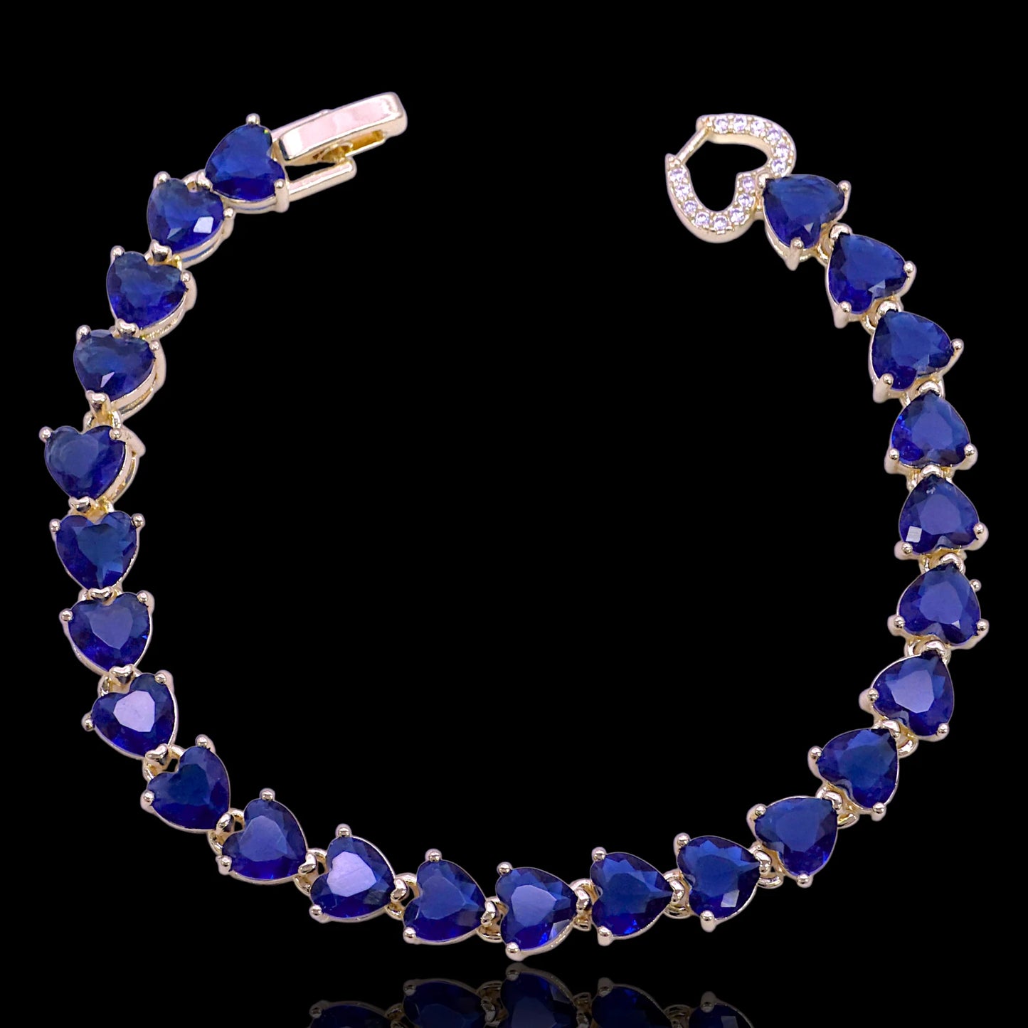 Heart Tennis Bracelet with Gold Heart Clasp 7 in Blue or Red CZ