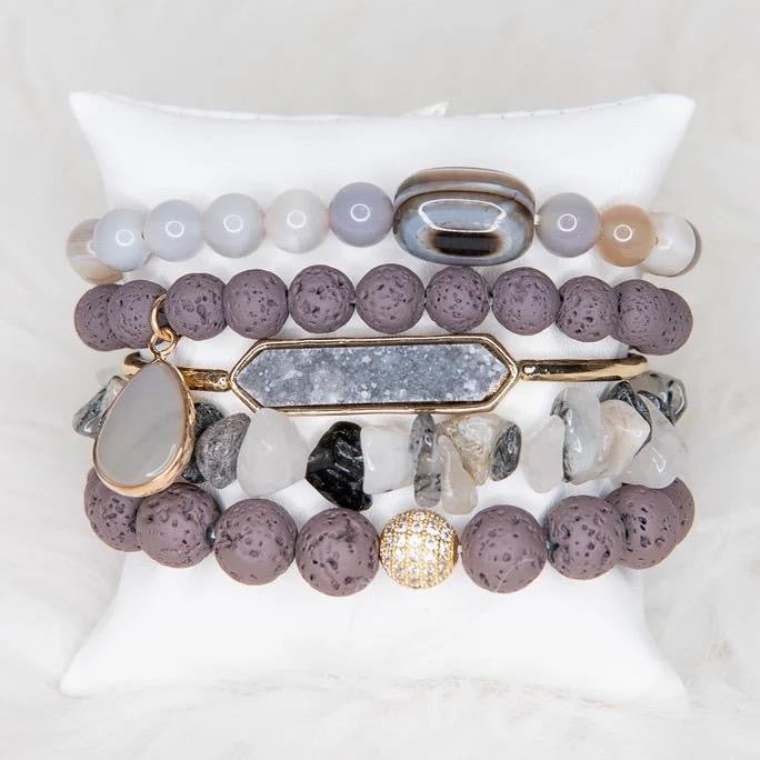 Glorious Grey Ghana Bracelet Set In Smokey Hue with Lava Rock & Druzy Stones