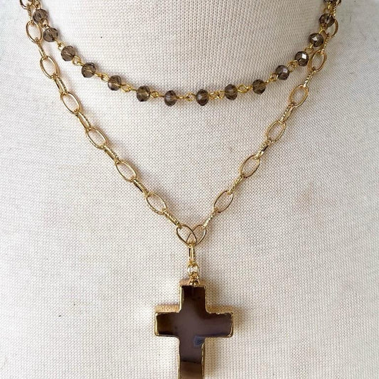 Elegant Eve Grey Short Necklace with Gold Chain and Cross Pendant Jewelry Accessory