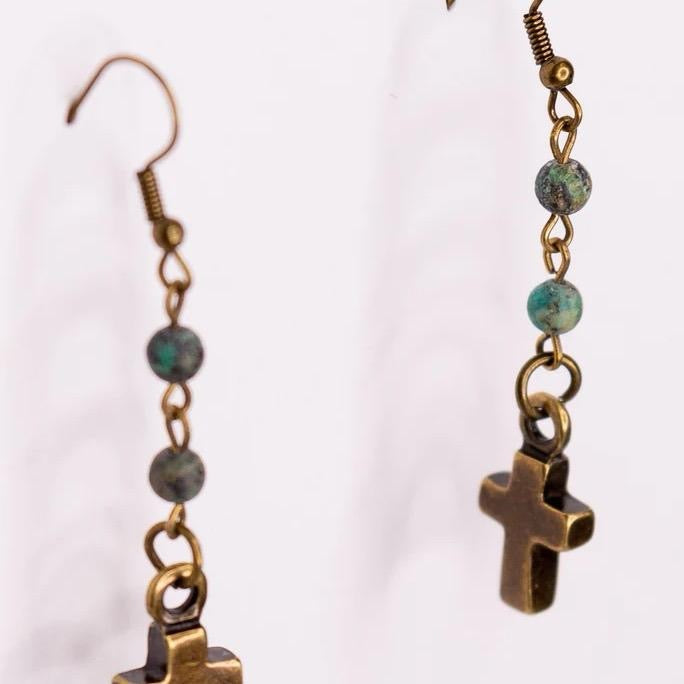 Phoebe Earring In African Turquoise with Cross Charm and Beaded Design