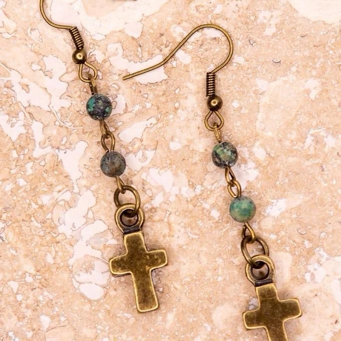 Phoebe Earring In African Turquoise with Cross Charm and Beaded Design