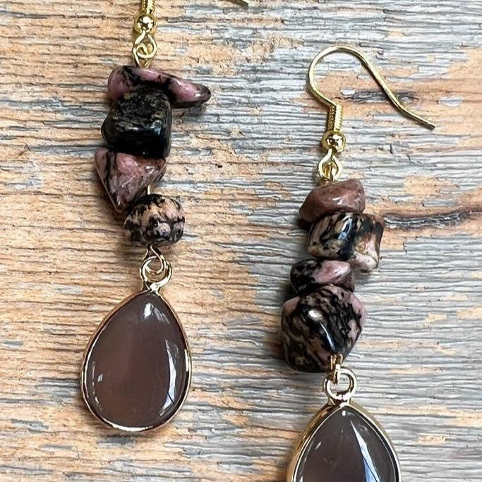 Beautiful Bree Earrings Rhodonite Fishhook Dangle with 4 Chip Beads & Teardrop Charm 2.5" Length
