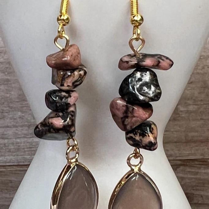 Beautiful Bree Earrings Rhodonite Fishhook Dangle with 4 Chip Beads & Teardrop Charm 2.5" Length