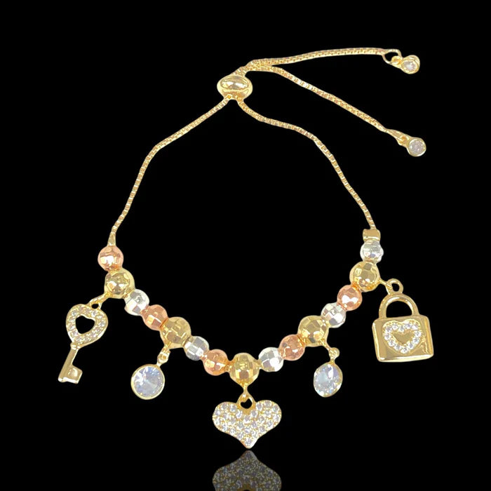 Tri-Color Bead & Charm Bracelet Gold Filled